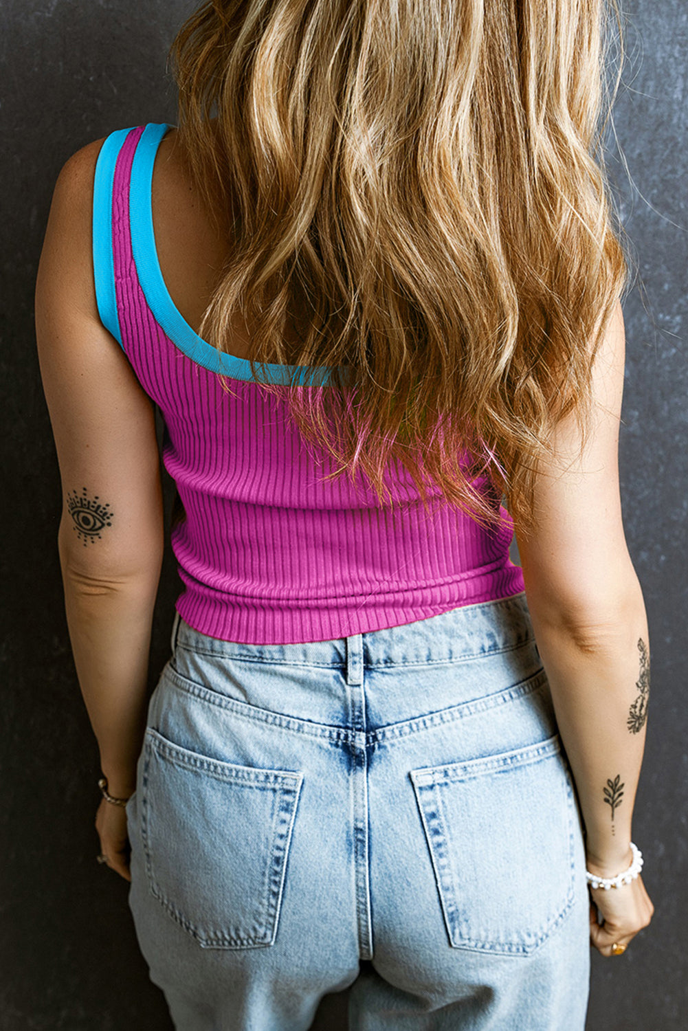 Fiery Red Colorblock Edge Ribbed Knit U Neck Tank Top