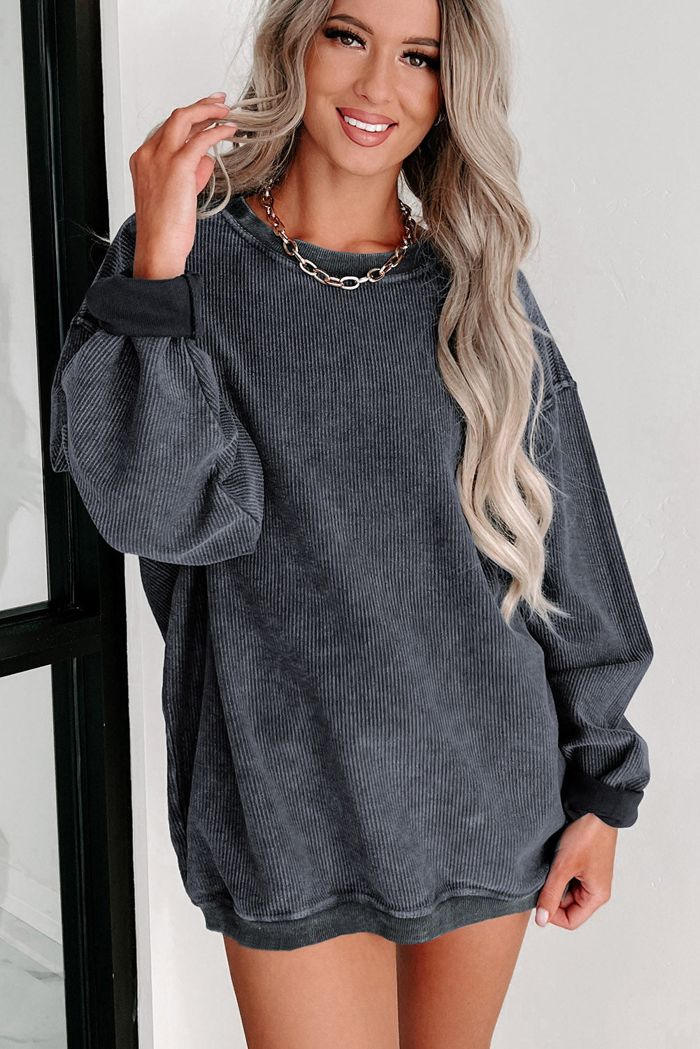 Blue Solid Ribbed Knit Round Neck Pullover Sweatshirt
