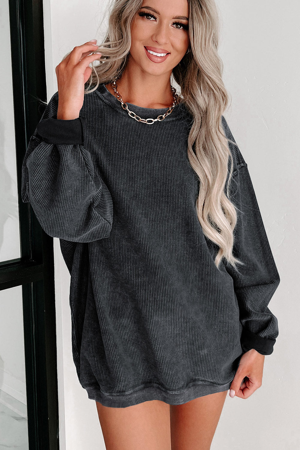 Blue Solid Ribbed Knit Round Neck Pullover Sweatshirt