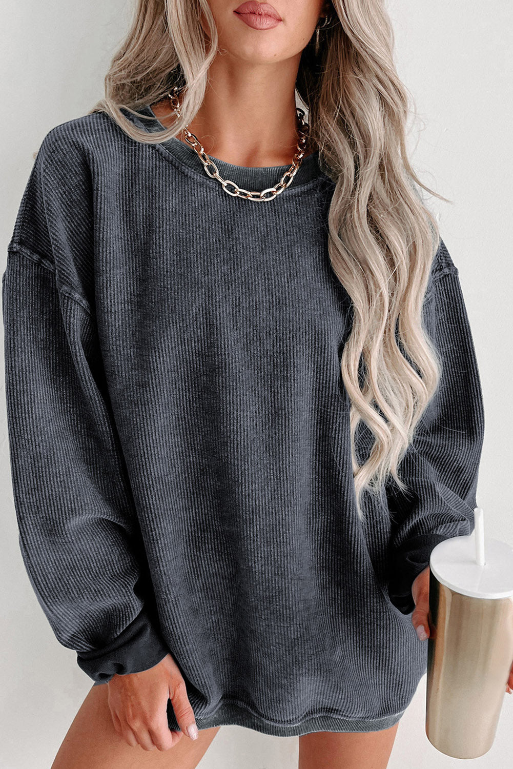 Blue Solid Ribbed Knit Round Neck Pullover Sweatshirt