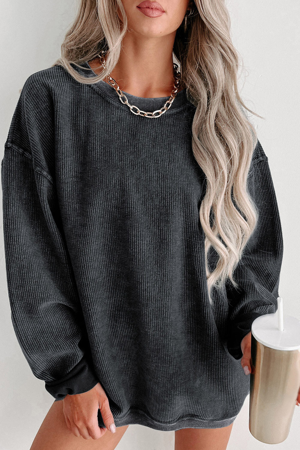 Blue Solid Ribbed Knit Round Neck Pullover Sweatshirt