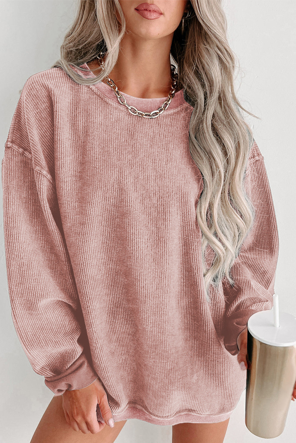 Blue Solid Ribbed Knit Round Neck Pullover Sweatshirt