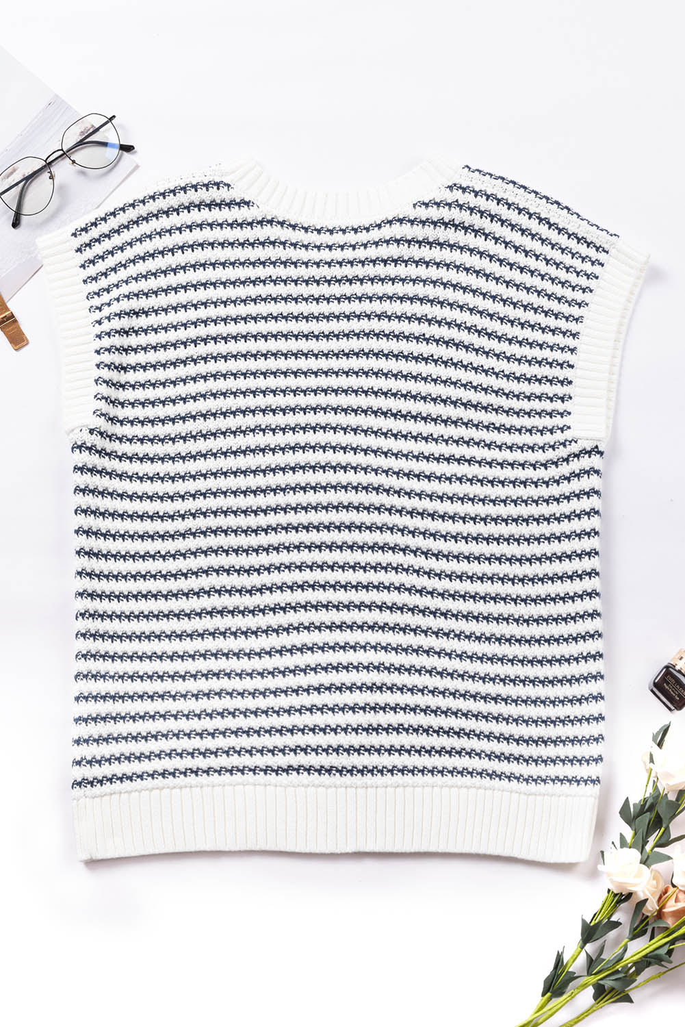 Black Stripe Ribbed Trim Loose Fit Knitted Sweater Vest