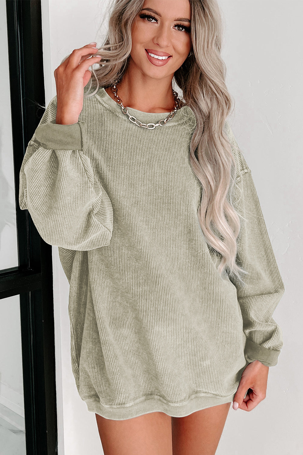 Blue Solid Ribbed Knit Round Neck Pullover Sweatshirt