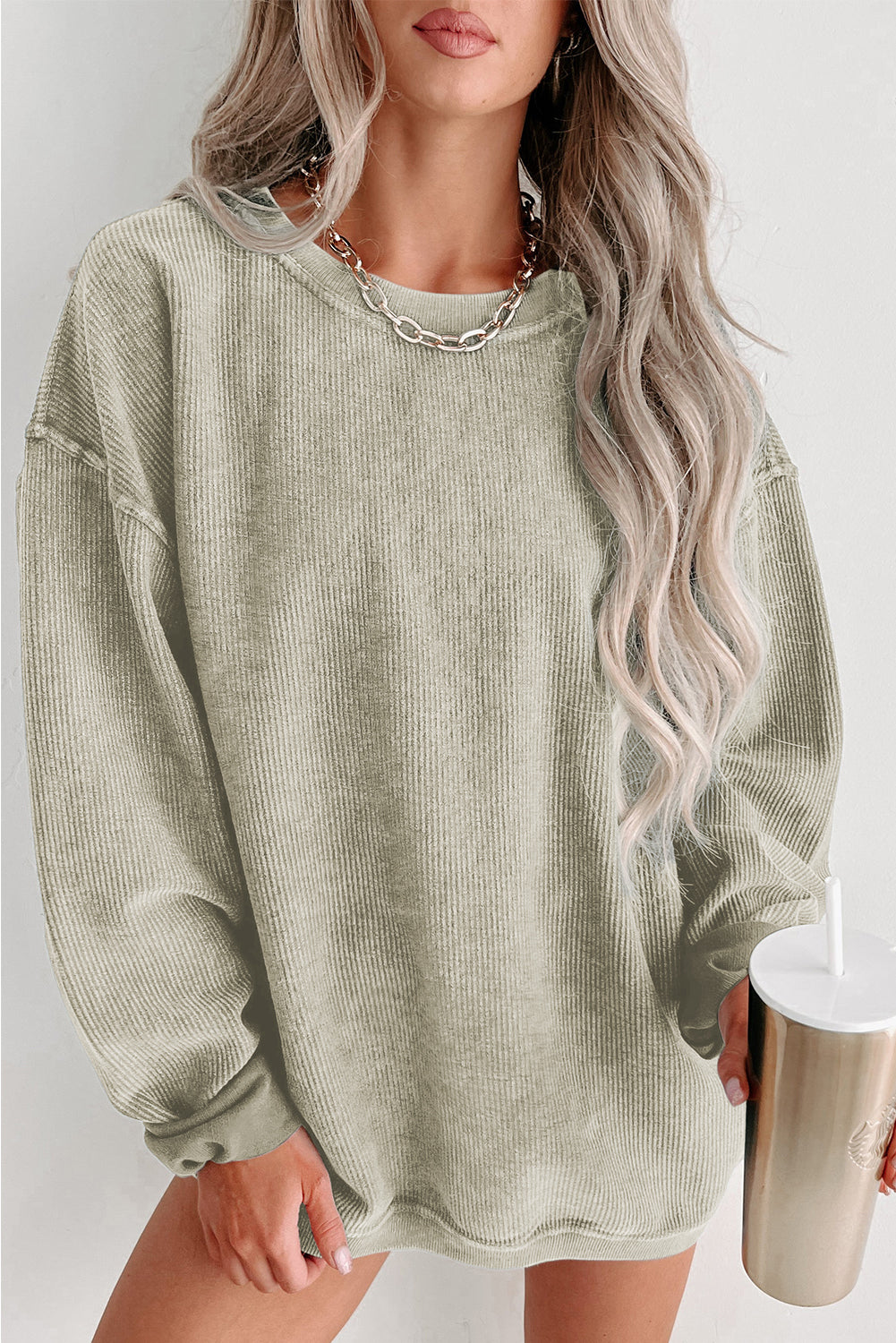 Blue Solid Ribbed Knit Round Neck Pullover Sweatshirt