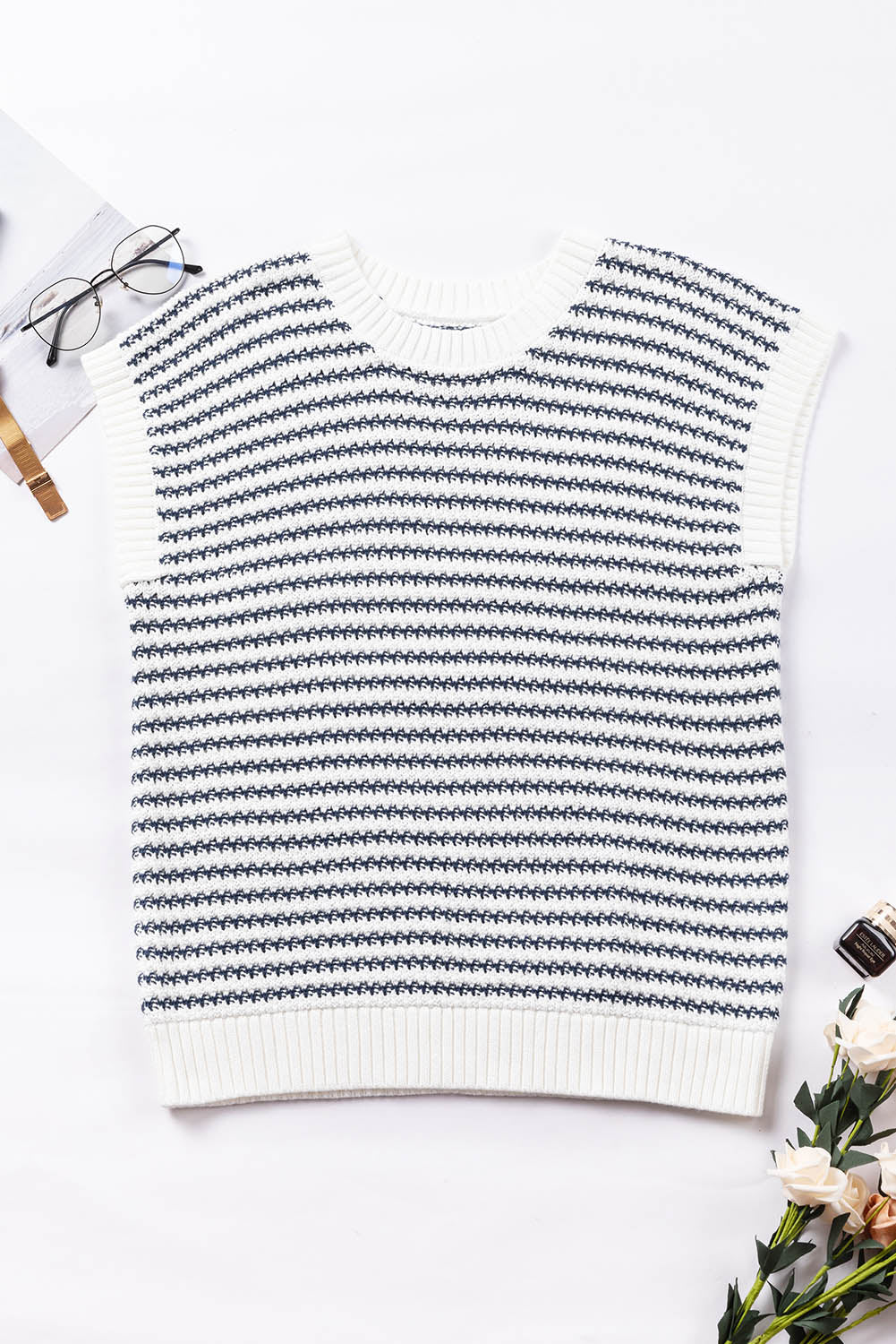 Black Stripe Ribbed Trim Loose Fit Knitted Sweater Vest